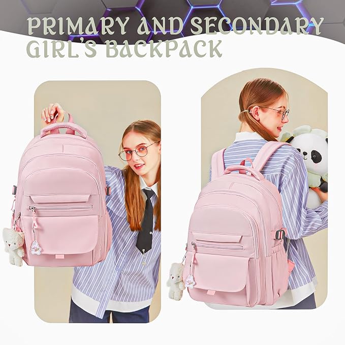 PRLINJSK Girls Backpack for College High Middle School Student, Cute Aesthetic Bookbag for Teens Women with Accessories,Pink