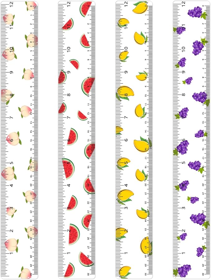 BAYTORY 4Pcs Transparent Acrylic Ruler 12 Inch, Clear Plastic Straight Rulers, Shatterproof Student Stationery Centimeters with Inches, for Classroom Essentials School Supplies (Fruit 12 Inch)