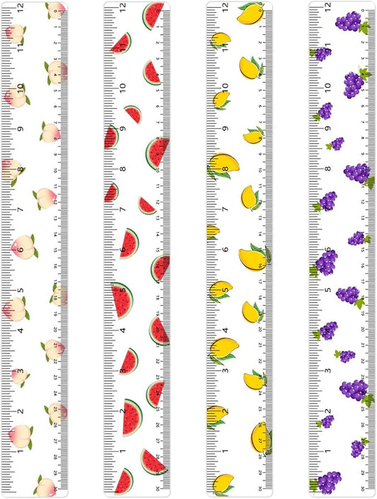 BAYTORY 4Pcs Transparent Acrylic Ruler 12 Inch, Clear Plastic Straight Rulers, Shatterproof Student Stationery Centimeters with Inches, for Classroom Essentials School Supplies (Fruit 12 Inch)