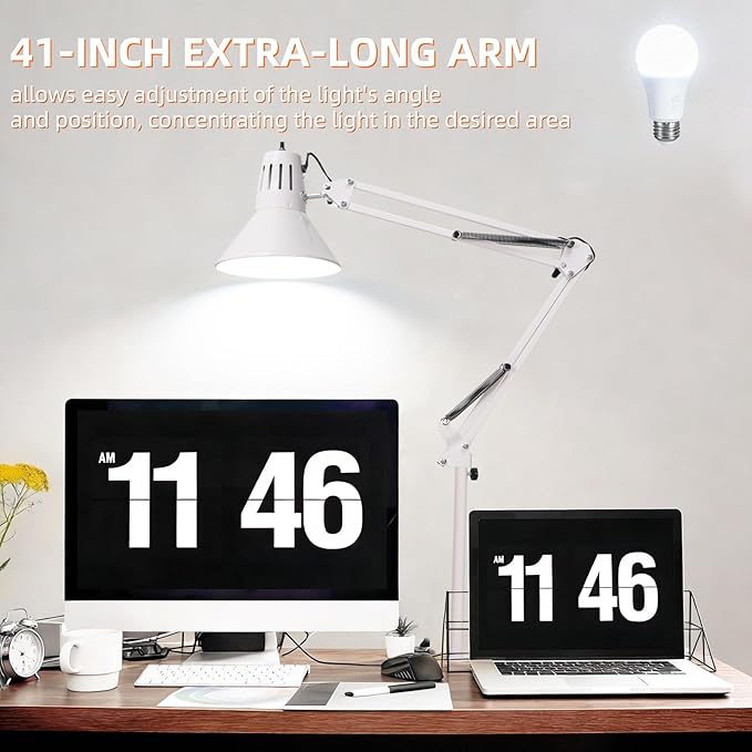 Desk Lamp With Clamp for Home Office, Eye-Caring Clip on Light with Adjustable Extra Tall Metal Swing Arm, High Intensity Clamp Lamp w/LED Bulb, Architect Task Table Lamps for Study, Workbench-W/5000k
