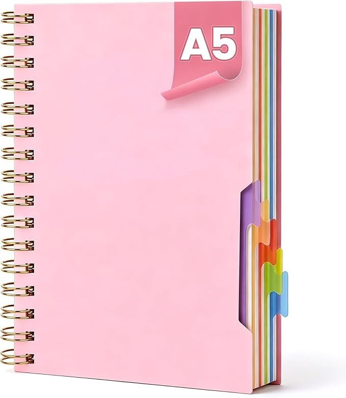 Koogel Spiral Notebook with Tabs, 5 Subject Spiral Notebook College Ruled with Removable Dividers, 200Pages Lined Journals for Women Journals Note Taking Work School Gifts, 5.8x8.3Inch, Pink