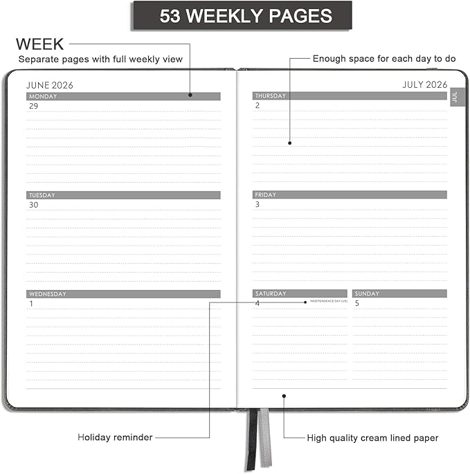 Planner 2026-2027 - 2026-2027 Planner Weekly and Monthly, Jul. 2026 - Jun. 2027, 5.75" x 8.25", Leather Planners with Thick Paper, Hardcover, Pen Loop, Back Pocket with Notes Pages - Grey