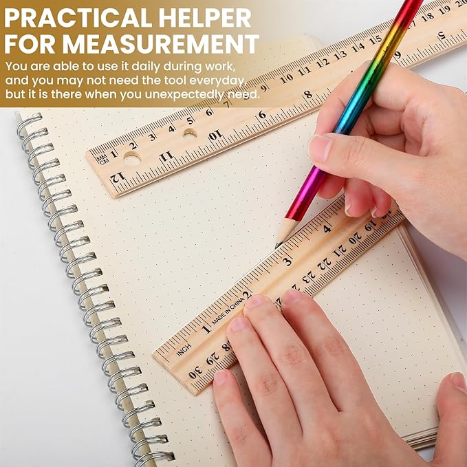 AmazingSpark 12 Pack 12 Pack Wooden Ruler Gifts 12 Inch (30cm) Bulk Wood Measuring Ruler Straight Metal Edge with 4 Holes for Teacher School Office Drafting Classroom Supplies, 2 Scale