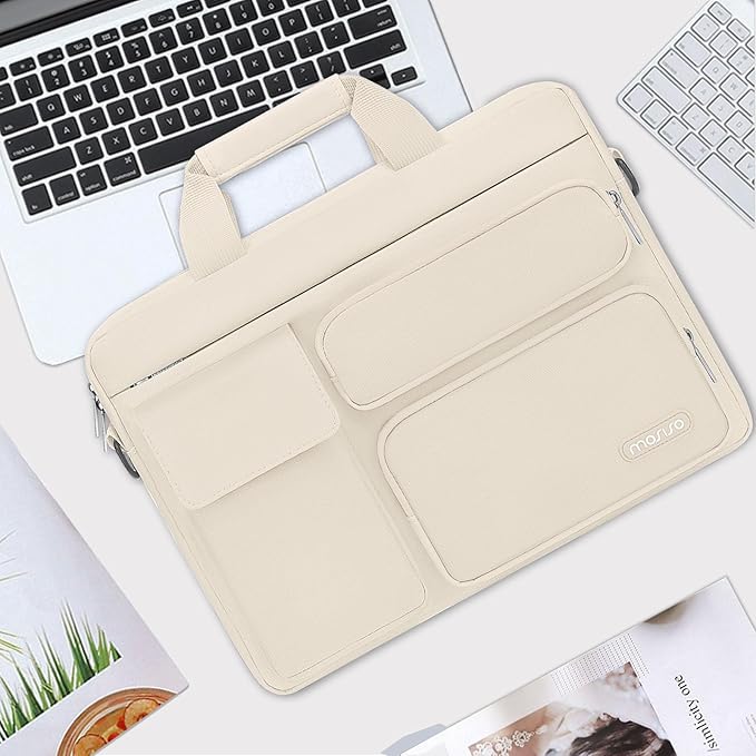 MOSISO Laptop Shoulder Bag 15.6 inch, 15-15.6 inch Computer Bag Compatible with MacBook Pro 16 inch, HP, Dell, Lenovo, Notebook with 2 Raised&1 Flapover&1 Horizontal Pocket&Handle&Belt, Sand