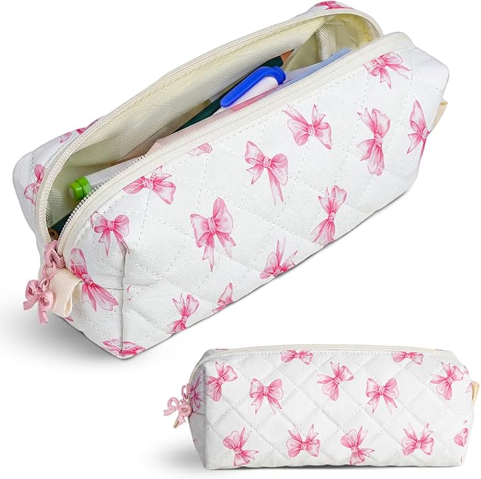 Cute Quilted Pencil Case for Girls Women, Aesthetic Small Floral Pencil Pouch,Slim Soft Pencil Bag for School Supplies Makeup Pouch for School & Daily Use (Tiny Pink Bow)