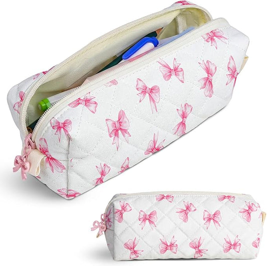 Cute Quilted Pencil Case for Girls Women, Aesthetic Small Floral Pencil Pouch,Slim Soft Pencil Bag for School Supplies Makeup Pouch for School & Daily Use (Tiny Pink Bow)
