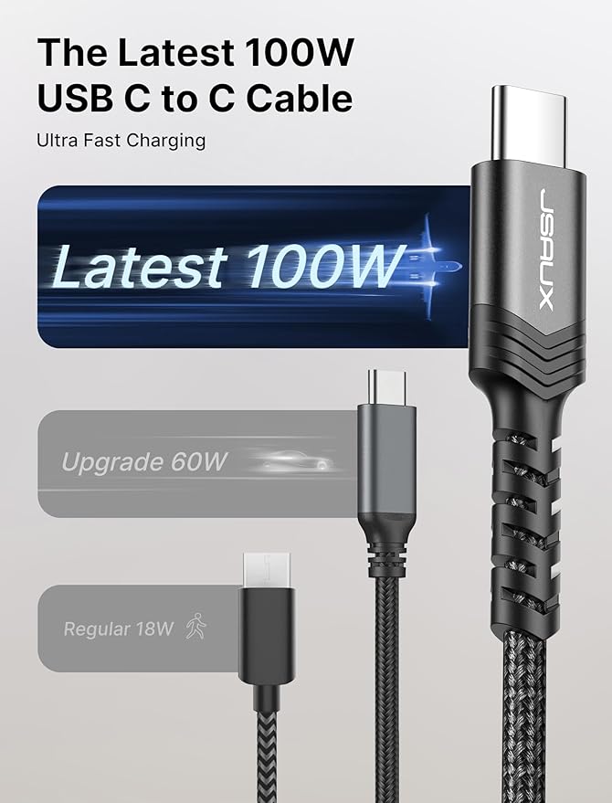 JSAUX 3-Pack USB C to USB C Cable 100W [10ft/6.6ft/3.3ft] Compatible with iPhone 17 Air 16 15 Pro Max Samsung Galaxy S25 S24 CarPlay iPad Pro, Type C to C Charger Cable Fast Charging - Black