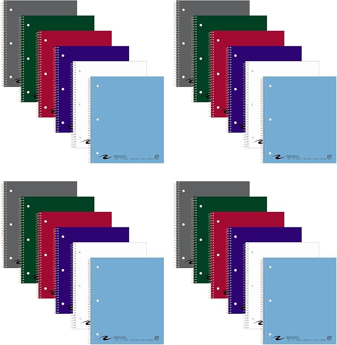 ROARING SPRING 2 Subject Spiral Notebook, 24 Pack, 11" x 9", College Ruled, 100 Perforated Sheets, Assorted Glasscoat Covers, 2 Double Storage Pockets, Made in USA
