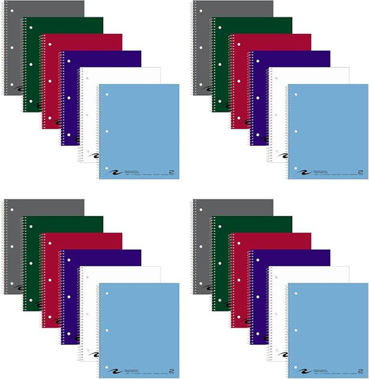 ROARING SPRING 2 Subject Spiral Notebook, 24 Pack, 11" x 9", College Ruled, 100 Perforated Sheets, Assorted Glasscoat Covers, 2 Double Storage Pockets, Made in USA