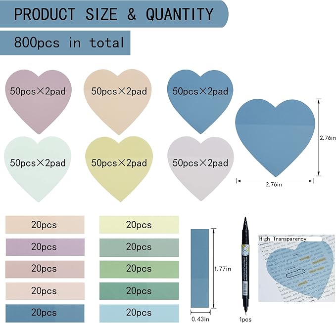 YOUDEFUL 800Pcs Transparent Sticky Notes, 2.76"x2.76" Clear Heart Sticky Notes, Waterproof Translucent Sticky Note Pads for Books Annotation, Clear Post it Notes for Bible Study, School, Office