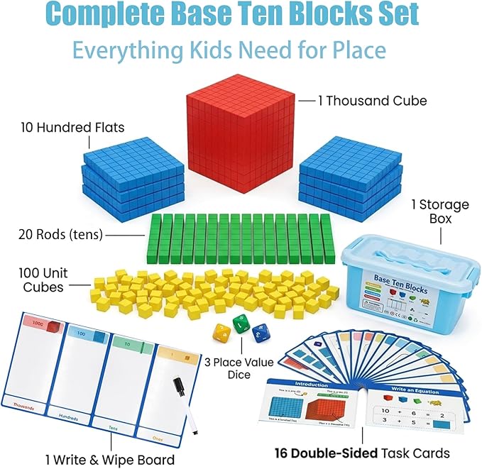 Base Ten Blocks 153 pcs Math Manipulatives, Base 10 Blocks for Math, Math Cubes & Place Value Blocks for Kids, Math Counters for 1st Grade Kindergarten Classroom Homeschool Learning Kit