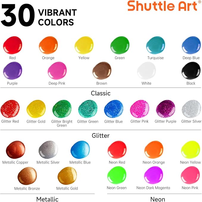 Shuttle Art Tempera Paint, 30 Colors (2 fl oz) Washable Paint for Kids with Glitter Metallic Neon Colors, Non-toxic Finger Painting for Toddlers