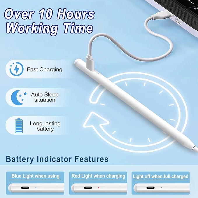 Stylus Pen for iPad Apple: Fast Charge for iPad Pencil Apple Pen with Palm Rejection Tilt Sensitivity - Pen for iPad 10/9/8/7/6, iPad Pro 12.9"/11"/13" M4, iPad mini 6/5, iPad Air 5/4/3/11"-13" M2
