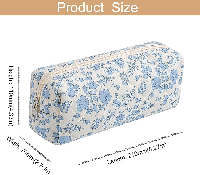 Cute Floral Cotton Makeup Brush Cosmetic Bag for Women, Travel Quilted Zipper Make Up Bag, Flowers Toiletry Organizer Case Kawaii Makeup Cosmetic Travel Cloth Pouch (Blue Floral)