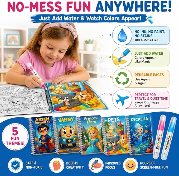 FIESTA CART Water Coloring Books for Toddlers Ages 2-5 – 5 Pack Reusable Mess Free Water Painting Books for Kids, Travel Activities for Toddlers, Montessori Learning Toys for Boys & Girls