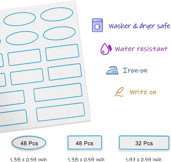 128 Pcs Writable Iron on Name Tags for Clothing, Fabric Labels for Nursing Home & Daycare, Washer and Dryer-Safe