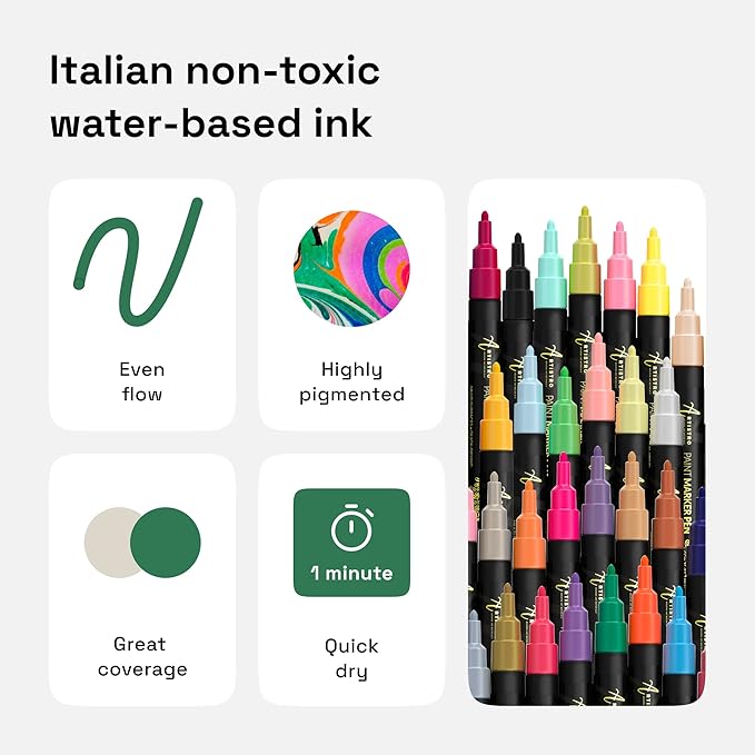 ARTISTRO 30 Acrylic Paint Pens for Calligraphy – Markers With Extra Fine Precision Tips – Multisurface Painting for Fabric, Rock, Glass, Wood & More