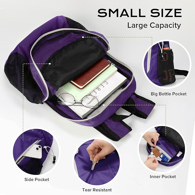 VPBAGE 15L Water-resistant Hiking Daypack for Women, Small Backpack Travel Outdoor, Lightweight Day Pack with Tool Loops