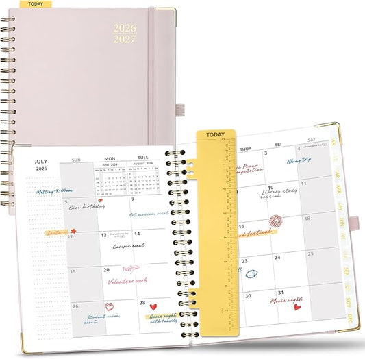 POPRUN 2026-2027 Monthly Planner, 18 Month Calendar (July 2026-Dec 2027), 7.5" x 9.5" B5 Spiral Hardcover Organizer with Dotted Note Pages, Professional Appointment Book for Business Office, Students & Teachers - Light Pink