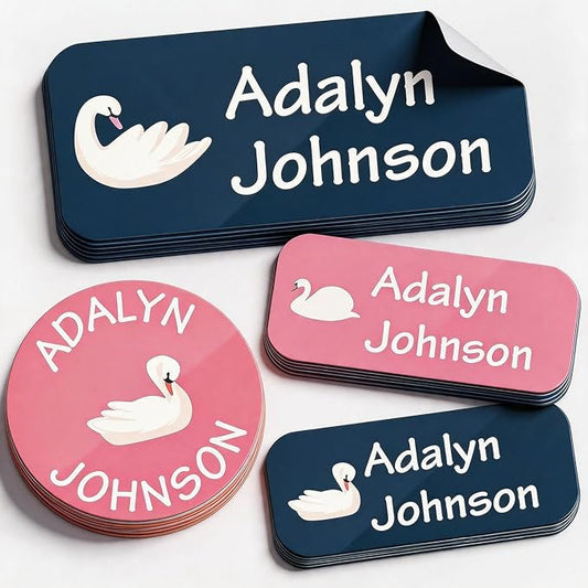 Waterproof Custom Name Stickers (135 Labels) - Personalized Daycare Labels for Clothing, Water Bottles, Lunch Boxes & School Supplies - Ideal for Camp & Daycare - No-Iron (Swan)