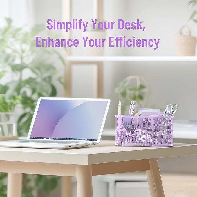 SUPEASY Mesh Desk Organizer, Desk Accessories & Workspace Organizers with Drawers, Pencil Holder for Desk with 9 Compartments for Office Suppliess, School, Classroom, 8.6 x 4.3 x 4.1 Inch, Purple
