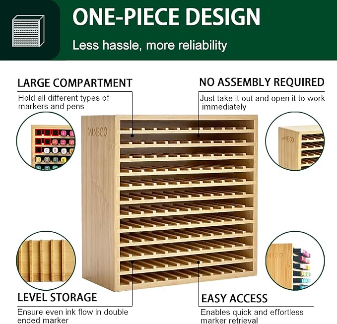 MinBoo Marker Organizer for 144 Markers, Bamboo Art Supply Storage Organizer Rack, Art Markers Pens Colored Pencils Paint Brushes Stationary Organizer Holder for Home Classroom Office Desk Decor