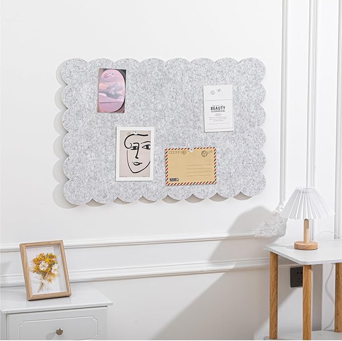 Mooliwe Scalloped Felt Bulletin Board Foldable Pin Cork Board Alternative for Wall, 3' x 2' Trifold Picture Vision Self Adhesive Bulletin Decorative(Light Gray,18 * 24 Inch)