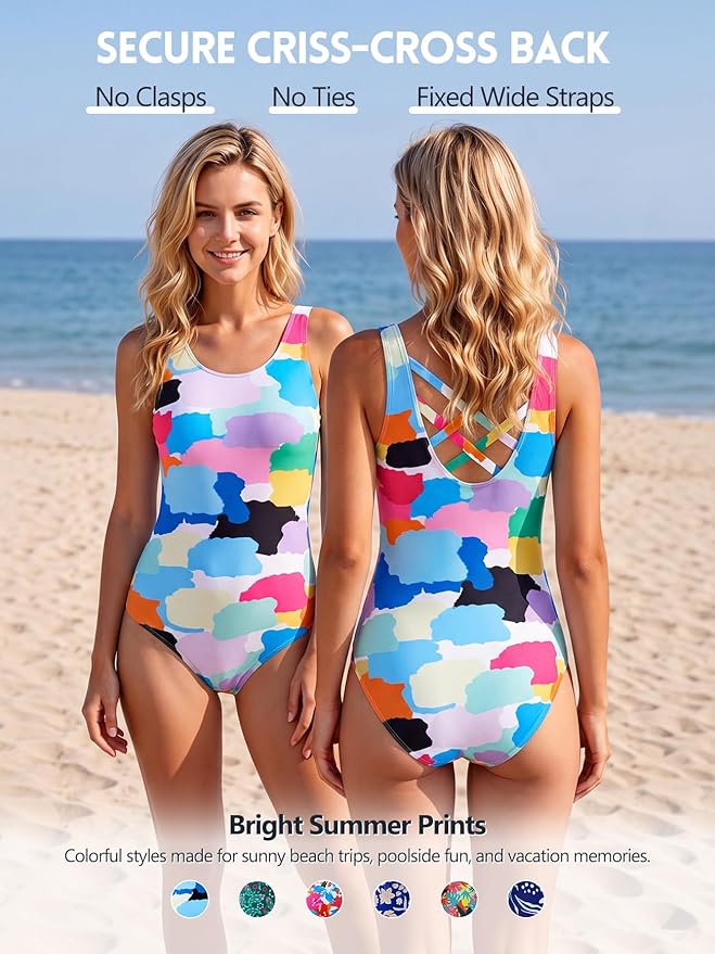 Modest Full Coverage One Piece Swimsuit Floral Bathing Suit Criss Cross Back Swimwear with Built-in Bra