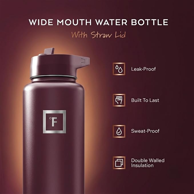IRON °FLASK 40 oz Wide Mouth Water Bottle with Straw | Insulated Stainless Steel Sports Water Bottle with Leakproof Straw Lid - BPA Free, Cold 24 Hrs, Sweat Free (Burgundy)