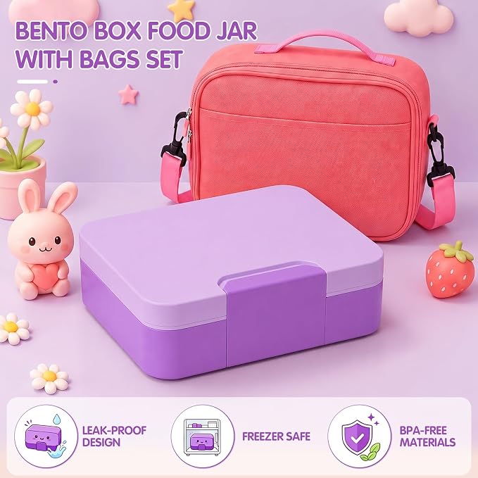 HOMETALL Bento Lunch Box for Kids with 8.5oz Insulated Food Jar, Leakproof Bento Boxes Lunch Bag for Ages 3 to 14 Back to School, Lunchbox Snack Containers Reusable Daycare Meal Prep,Purple