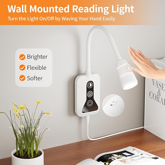 Wall Mounted Reading Light with Wave Sensor/Touch Switch, 5 Color & 5 Level Dimmable Touch Bed Lights for Reading with USB C Output, Eye-Care Reading Light for Bed,Heaboard, Dorm, Bedroom(White)