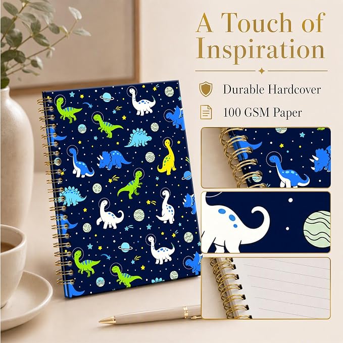 ATJFKIXL Cute Spiral Journal Notebook, A5 120 Page College Ruled Wirebound Notebook, Soft Cover for Students Office Notes and Planning - Dinosaur Planet