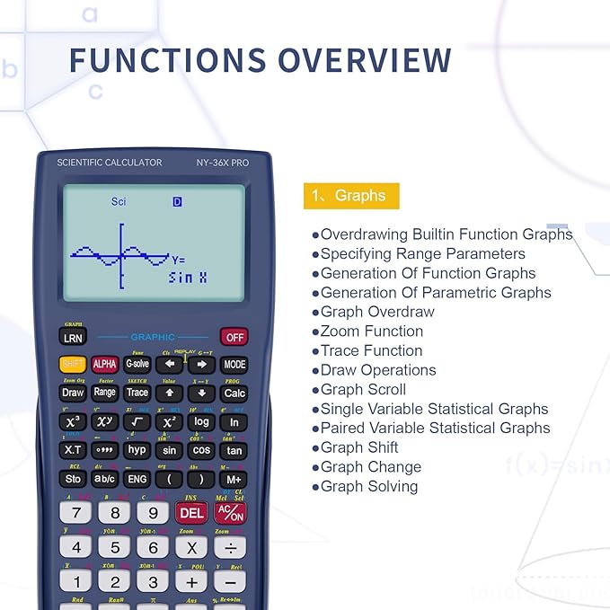 Scientific Calculators with Graphing Function, NEWYES 36X Pro Graphic Science Calculator 360 Functions for Middle and High School Supplies (Blue)