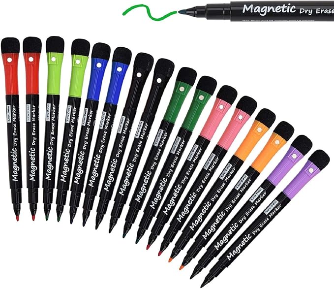 LivDeal 16 Pack Magnetic Dry Erase Markers - Fine Tip (8 Colors) Low Odor Whiteboard Markers for Kids & School, for Whiteboard, Calendar, Refrigerator