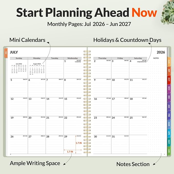 SUNEE Academic Planner 2026-2027 – Weekly & Monthly Planner, July 2026 to June 2027, 8.5"x11", Thick Paper, Tabs, Pockets, Bookmark, Spiral-Bound, Student Teacher Organizer, Sage Green