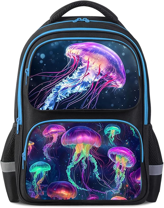 HiMagics School Backpack For Boys Girls Backpack For Kids Toddler Teens Elementary Middle School 17 inch Boys Backpacks Ages 6-18 Travel Book bag with Chest Strap Jellyfish Pattern