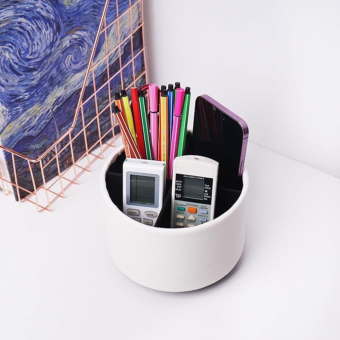 Round Leather Art Supply Organizer,Remote Control Holder,360 Degree Spinning,Multi-Functional Pencil Holder,4 Compartments Desktop Stationary Organizer(1-Lichee White)