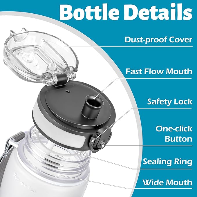 OLDLEY 25 oz Water Bottle, Motivational Water Bottle with Time Marker, Sports Water Bottle With Strap, Leakproof & BPA Free Large Water Bottles for School, Gym, Travel, Outdoor, Tritan,White