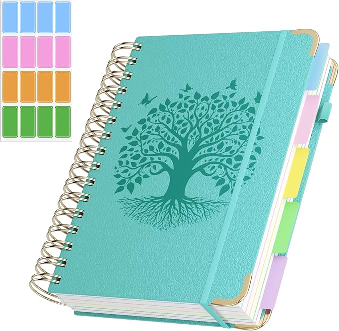 QIYVLOS Hardcover Spiral Notebook, A5 Journal with Removable Dividers Tabs, 5 Subject Notebook College Ruled, 320 Pages 6"x8" Leather Notebooks for Work School Study, Lined Journal for Women, Cyan