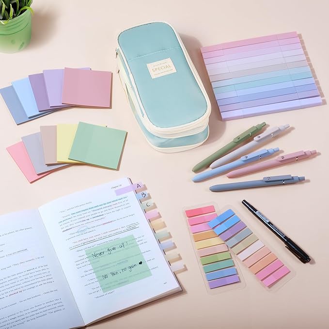 49Pcs Book Annotation Kit - Aesthetic School Supplies with Cute Pen Case Highlighters Gel Pens and Marker, Sheets Transparent Index Tabs Sticky Notes Bible Study Supplies(Light Blue)