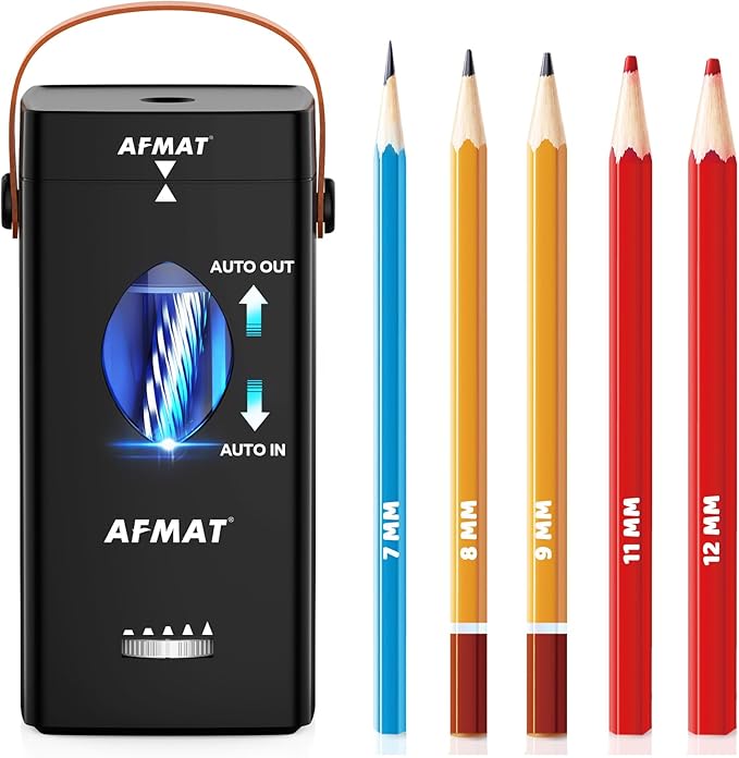 AFMAT Electric Pencil Sharpener, Fully Automatic Pencil Sharpener for 6-12mm No.2/Jumbo Pencils, Auto in & Out, 5 Sharpness Modes, Rechargeable Heavy Duty Sharpeners for Classroom/Home/Office PSC7