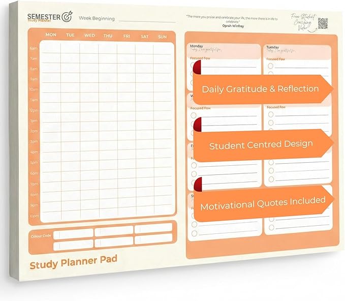 Semester Student Planner Pad - A4 Undated Daily and Weekly Planner with 52 Tear-Off Pages - To Do List Notepad with Gratitude & Focus Sections, Motivational Quotes & Students Task Prioritization 2026 Planner