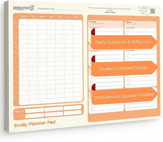 Semester Student Planner Pad - A4 Undated Daily and Weekly Planner with 52 Tear-Off Pages - To Do List Notepad with Gratitude & Focus Sections, Motivational Quotes & Students Task Prioritization 2026 Planner