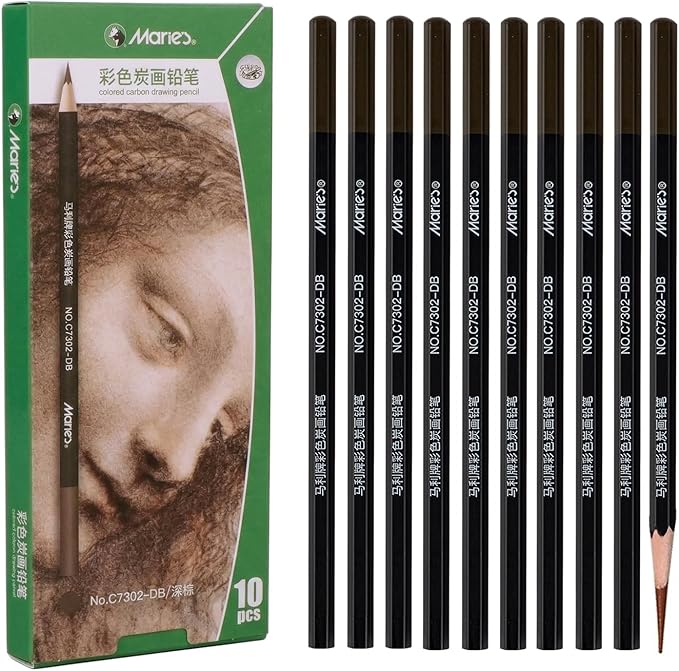 Marie's Charcoal Pencils Set,10 Pieces, Pastel Chalk Pencils for Drawing, Sketching, Coloring & Shading, Art Supplies for Adult Artists (Dark Brown)