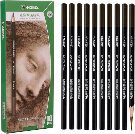 Marie's Charcoal Pencils Set,10 Pieces, Pastel Chalk Pencils for Drawing, Sketching, Coloring & Shading, Art Supplies for Adult Artists (Dark Brown)