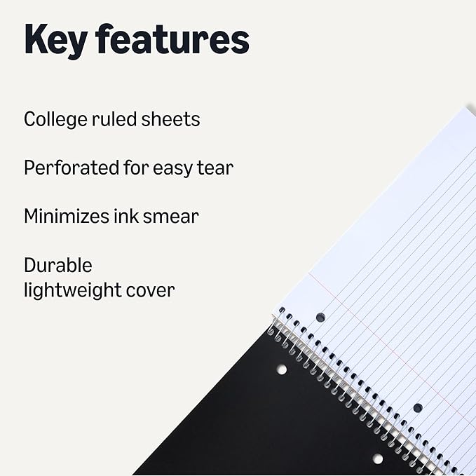 Amazon Basics College-Ruled 3-Subject Spiral Notebook, 150 Sheets, 8.5 x 11 inches, Black