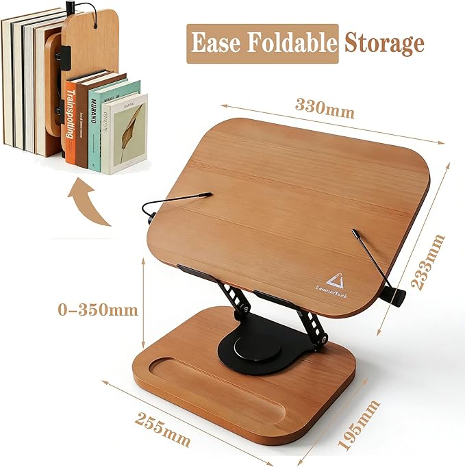 360° Rotating Solid Wood Book Stand - Adjustable Height & Angle, Built-in Storage Tray, Foldable Hands-Free Cookbook/Tablet/Laptop Holder for Kitchen/Office/Bedroom (No Assembly)