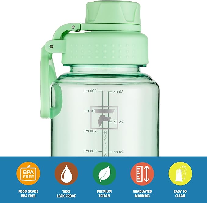 Fanhaw 32 oz Clear BPA-Free Tritan Water Bottle with Fast-Flow Spout Lid, Leakproof Wide-Mouth Reusable Bottle for Gym, School & Office (Glow Green)