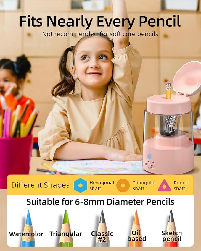 ZMOL Colored Pencil Sharpener for Kids Gift, Rechargeable Electric Pencil Sharpener, Auto Stop, Pencil Sharpeners for Battery Powered Cute No.2/Colored Pencils (6-8mm), Classroom/Office/Home (Pink)