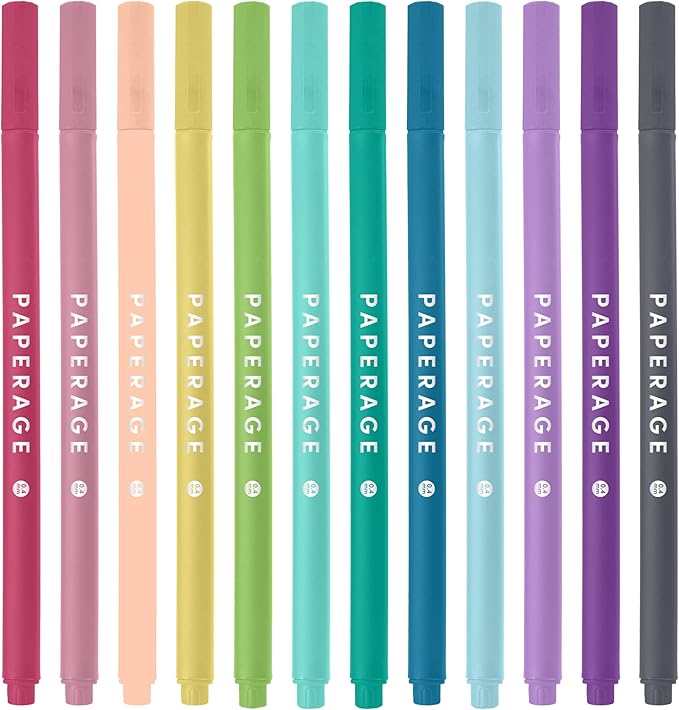 PAPERAGE Felt Tip Fine Point Pens (0.4mm), 12 Pack, Colored Pens For Journaling, Notebooks, Planners, Calendars & Drawing, Great for School, Office, & Home (Pastel)